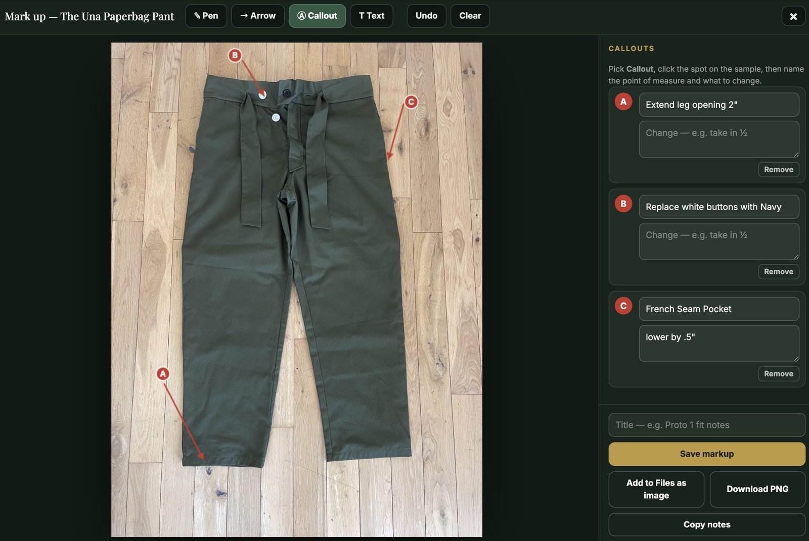The Una Paperbag Pant sample, marked up with lettered callouts